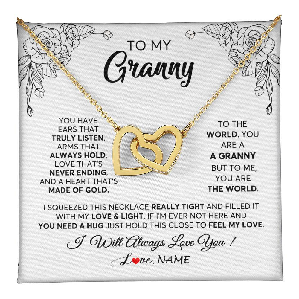 Interlocking Hearts Necklace 18K Yellow Gold Finish | 1 | Personalized To My Granny Necklace From Grandkids Granddaughter Hold This Close Feel My Love Granny Birthday Mothers Day Customized Gift Box Message Card | siriusteestore