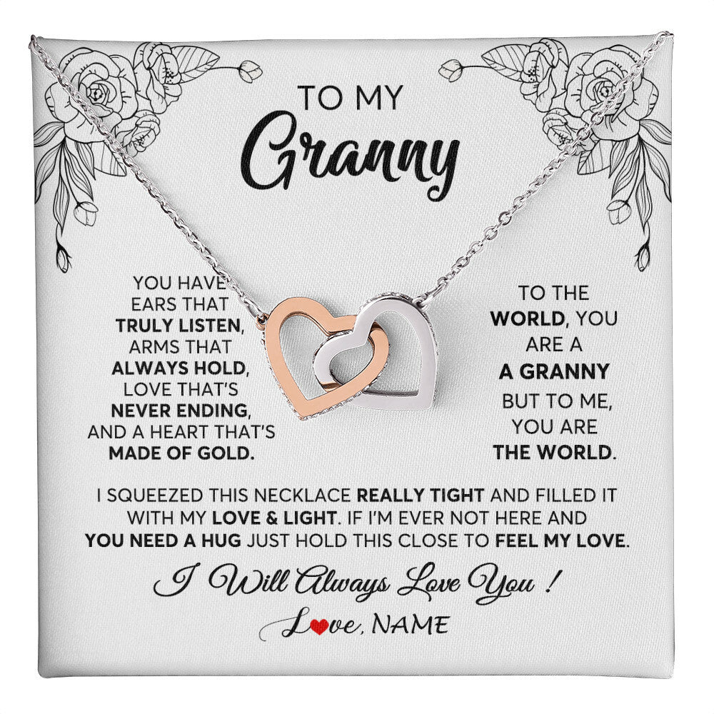 Interlocking Hearts Necklace Stainless Steel & Rose Gold Finish | 1 | Personalized To My Granny Necklace From Grandkids Granddaughter Hold This Close Feel My Love Granny Birthday Mothers Day Customized Gift Box Message Card | siriusteestore