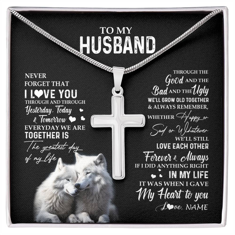 Stainless Cross Necklace Stainless Steel | 1 | Personalized To My Husband Necklace From Wife Wolf Never Forget That I Love You Husband Wedding Anniversary Birthday Christmas Customized Gift Box Message Card | siriusteestore