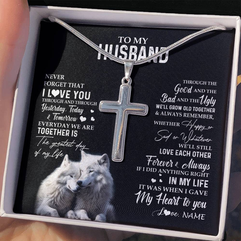 Stainless Cross Necklace Stainless Steel | 2 | Personalized To My Husband Necklace From Wife Wolf Never Forget That I Love You Husband Wedding Anniversary Birthday Christmas Customized Gift Box Message Card | siriusteestore