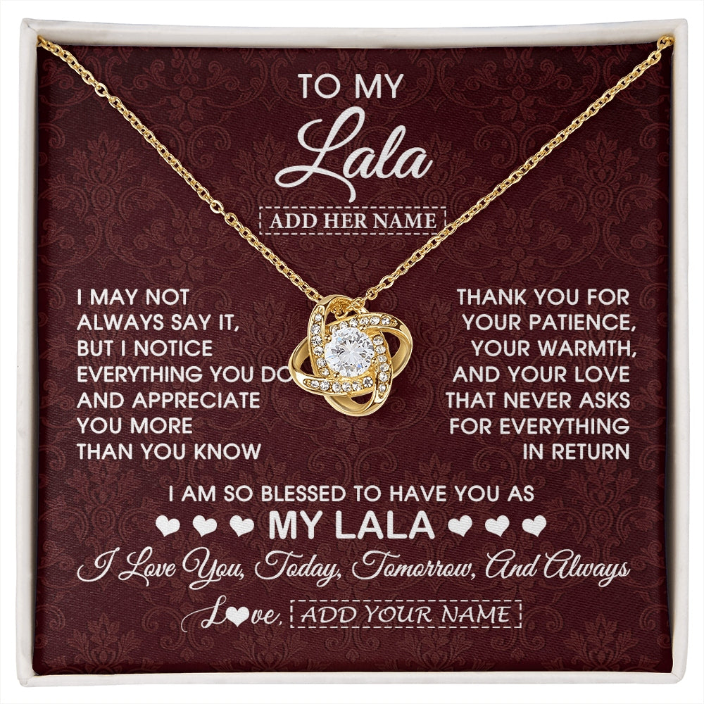 Love Knot Necklace 18K Yellow Gold Finish | 1 | Personalized To My Lala Gifts From Granddaughter Necklace Meaningful Jewelry Pendant Gifts For Lala Mothers Day Birthday Christmas Custom Gift Box Message Card | https://siriusteestore.