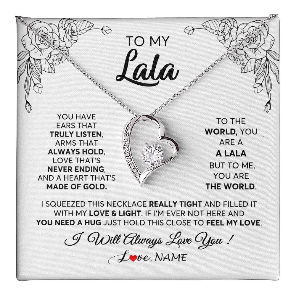 Forever Love Necklace 14K White Gold Finish | 1 | Personalized To My Lala Necklace From Grandkids Granddaughter Hold This Close Feel My Love Lala Birthday Mothers Day Christmas Customized Gift Box Message Card | siriusteestore
