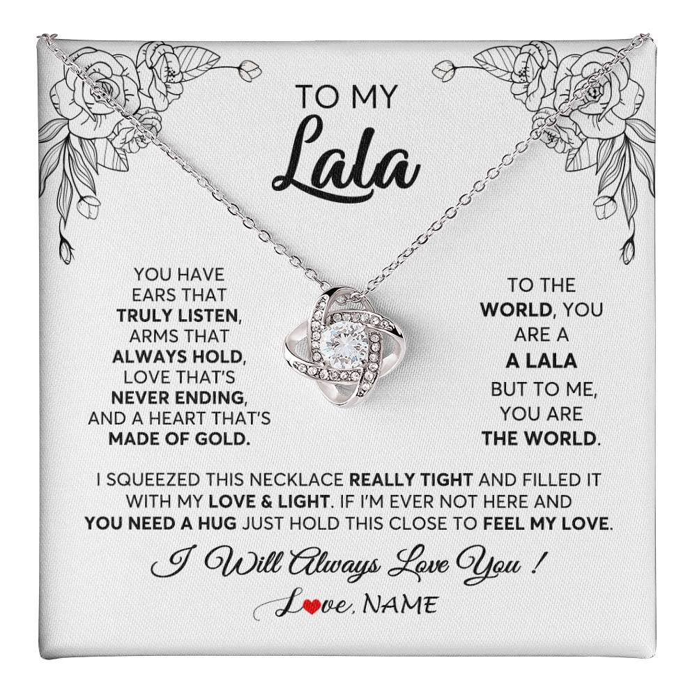 Love Knot Necklace 14K White Gold Finish | 1 | Personalized To My Lala Necklace From Grandkids Granddaughter Hold This Close Feel My Love Lala Birthday Mothers Day Christmas Customized Gift Box Message Card | siriusteestore