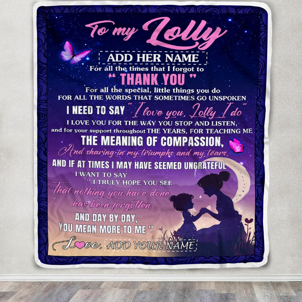 Personalized To My Lolly Blanket From Grandkids Grandson Night Sky Thank You Love You Lolly Birthday Gifts Mothers Day Christmas Customized Fleece Blanket | siriusteestore
