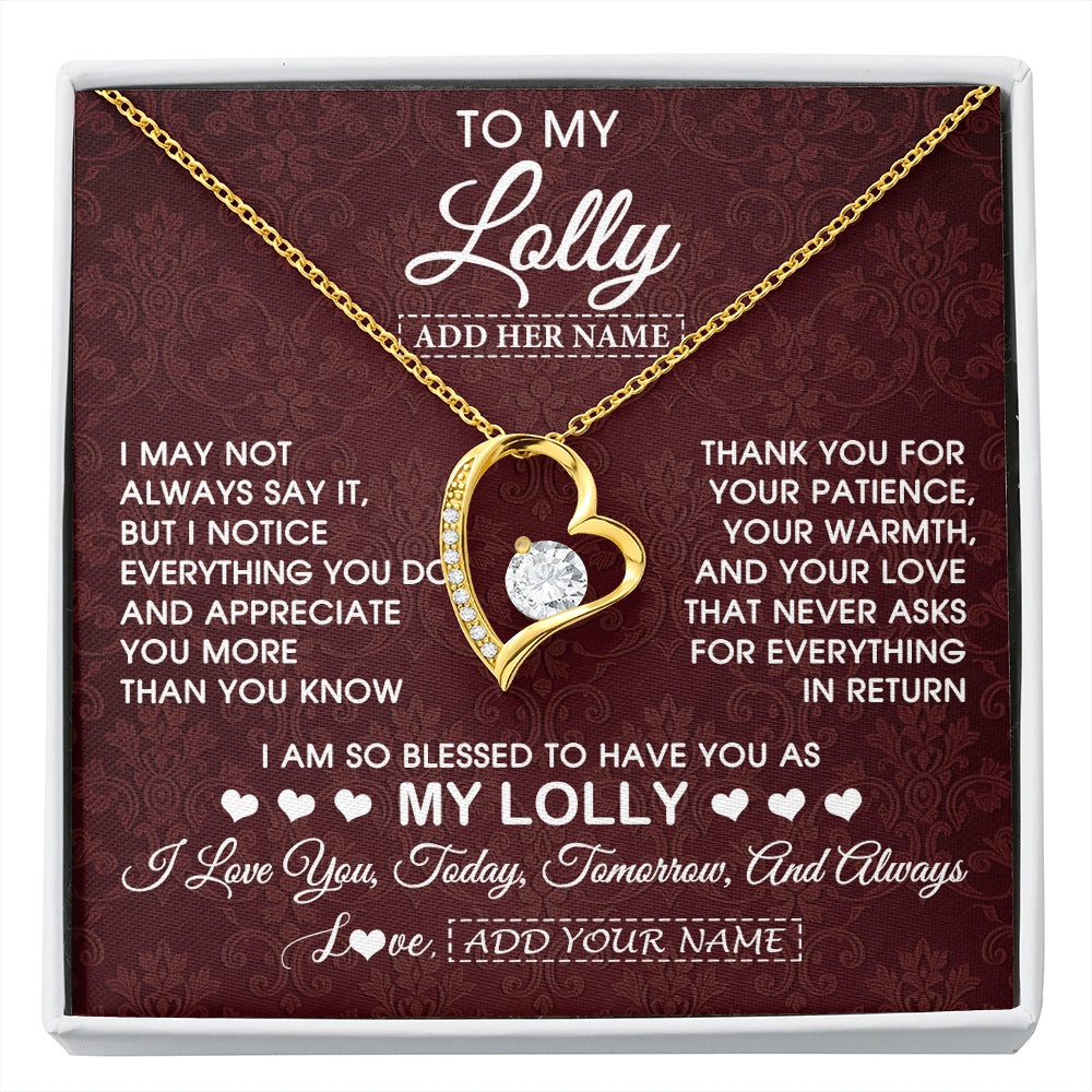 Forever Love Necklace 18K Yellow Gold Finish | 1 | Personalized To My Lolly Gifts From Granddaughter Necklace Meaningful Jewelry Pendant Gifts For Lolly Mothers Day Birthday Christmas Gift Box Message Card | https://siriusteestore.