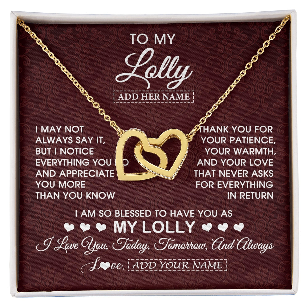 Interlocking Hearts Necklace 18K Yellow Gold Finish | 1 | Personalized To My Lolly Gifts From Granddaughter Necklace Meaningful Jewelry Pendant Gifts For Lolly Mothers Day Birthday Christmas Gift Box Message Card | https://siriusteestore.