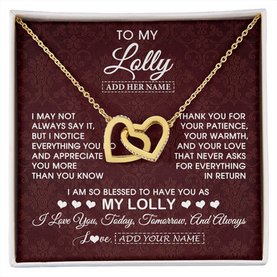 Interlocking Hearts Necklace 18K Yellow Gold Finish | 1 | Personalized To My Lolly Gifts From Granddaughter Necklace Meaningful Jewelry Pendant Gifts For Lolly Mothers Day Birthday Christmas Gift Box Message Card | https://siriusteestore.