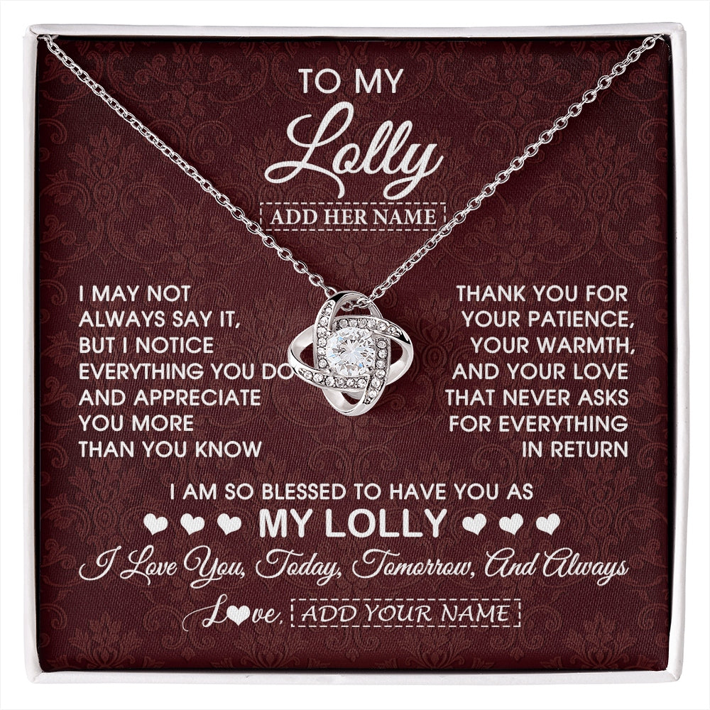 Love Knot Necklace 14K White Gold Finish | 1 | Personalized To My Lolly Gifts From Granddaughter Necklace Meaningful Jewelry Pendant Gifts For Lolly Mothers Day Birthday Christmas Gift Box Message Card | https://siriusteestore.