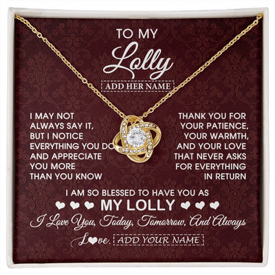 Love Knot Necklace 18K Yellow Gold Finish | 1 | Personalized To My Lolly Gifts From Granddaughter Necklace Meaningful Jewelry Pendant Gifts For Lolly Mothers Day Birthday Christmas Gift Box Message Card | https://siriusteestore.