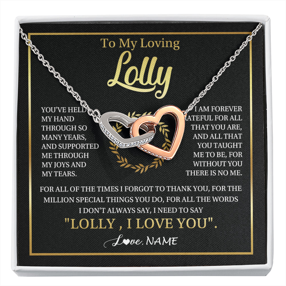 Interlocking Hearts Necklace Stainless Steel & Rose Gold Finish | 1 | Personalized To My Lolly Gifts Necklace From Granddaughter Grandson Grateful Thank You Lolly Birthday Mothers Day Jewelry Customized Gift Box Message Card | siriusteestore