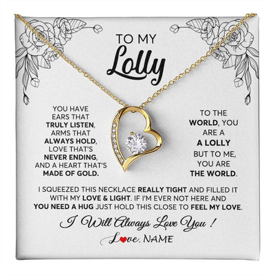 Forever Love Necklace 18K Yellow Gold Finish | 1 | Personalized To My Lolly Necklace From Grandkids Granddaughter Hold This Close Feel My Love Lolly Birthday Mothers Day Jewelry Customized Gift Box Message Card | siriusteestore