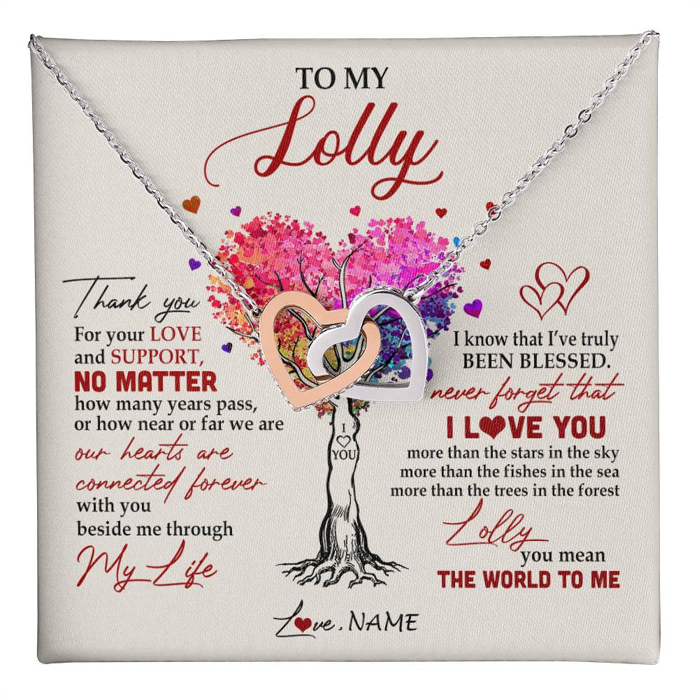Interlocking Hearts Necklace Stainless Steel & Rose Gold Finish | 1 | Personalized To My Lolly Necklace From Grandkids Never Forget That I Love You You Mean The World Lolly Birthday Mothers Day Jewelry Customized Gift Box Message Card | siriusteestore