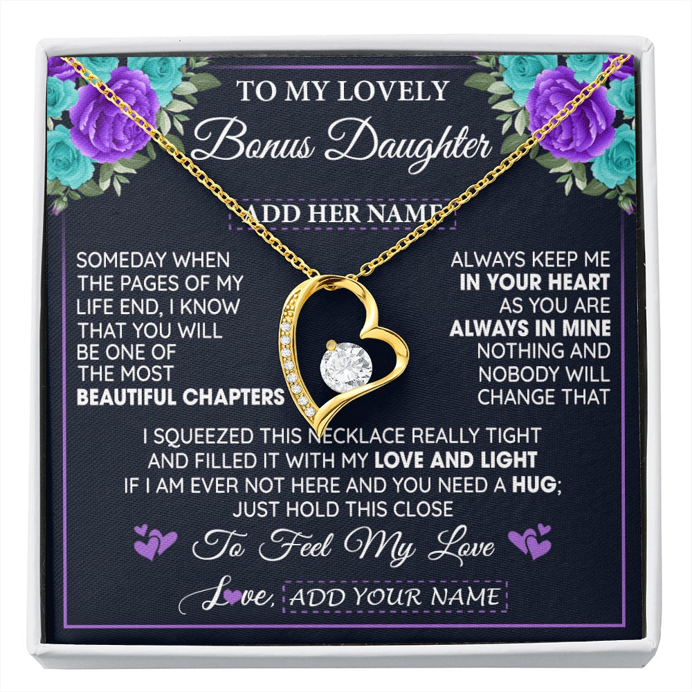 Forever Love Necklace 18K Yellow Gold Finish | 1 | Personalized To My Lovely Bonus Daughter Necklace Gift From Stepdad Feel My Love Stepdaughter Birthday Gift Mother's Day Christmas Gift Box Message Card | siriusteestore.myshopify