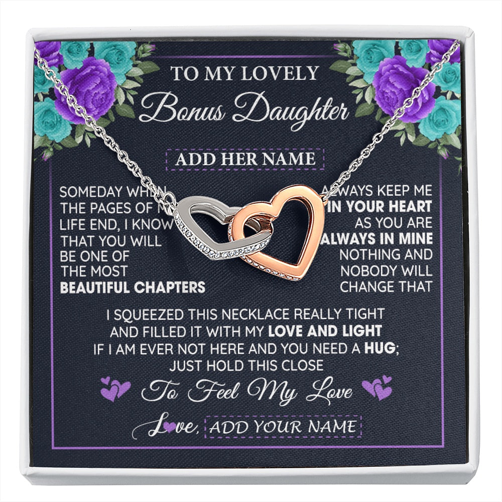 Interlocking Hearts Necklace Stainless Steel & Rose Gold Finish | 1 | Personalized To My Lovely Bonus Daughter Necklace Gift From Stepdad Feel My Love Stepdaughter Birthday Gift Mother's Day Christmas Gift Box Message Card | siriusteestore.myshopify
