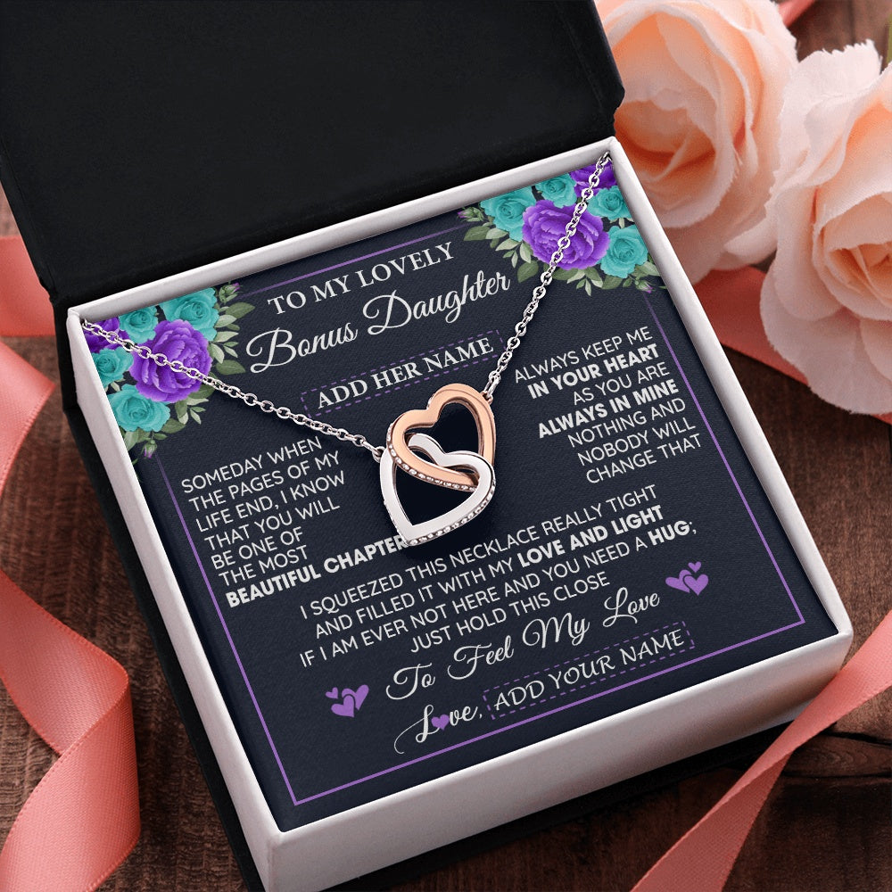 Interlocking Hearts Necklace Stainless Steel & Rose Gold Finish | 2 | Personalized To My Lovely Bonus Daughter Necklace Gift From Stepdad Feel My Love Stepdaughter Birthday Gift Mother's Day Christmas Gift Box Message Card | siriusteestore.myshopify