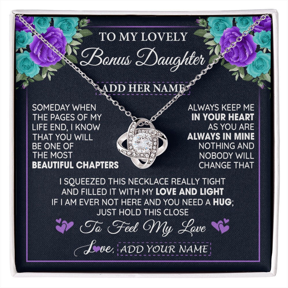 Love Knot Necklace 14K White Gold Finish | 1 | Personalized To My Lovely Bonus Daughter Necklace Gift From Stepdad Feel My Love Stepdaughter Birthday Gift Mother's Day Christmas Gift Box Message Card | siriusteestore.myshopify