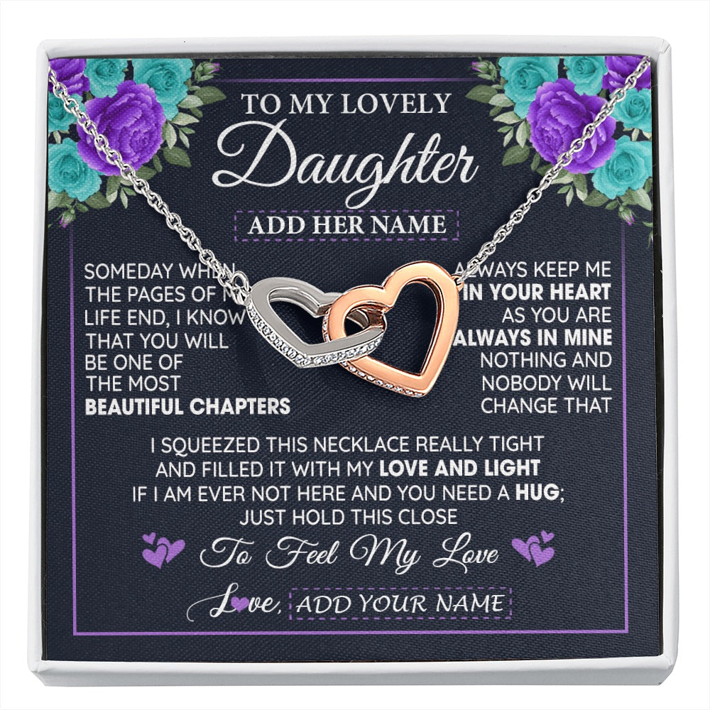 Interlocking Hearts Necklace Stainless Steel & Rose Gold Finish | 1 | Personalized To My Lovely Daughter Necklace Gift From Mom Dad Mother Father Feel My Love Daughter Birthday Gift Mother's Day Christmas Gift Box Message Card | siriusteestore.myshopify