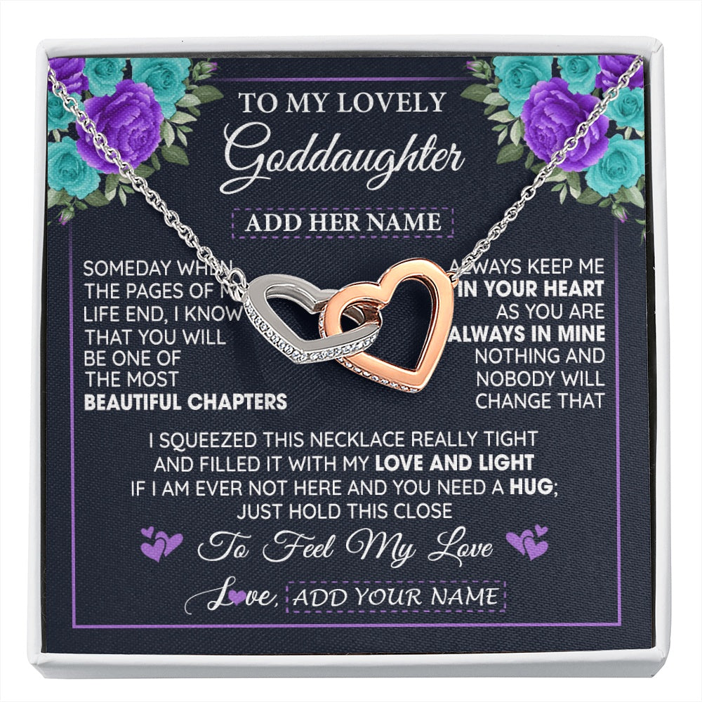 Interlocking Hearts Necklace Stainless Steel & Rose Gold Finish | 1 | Personalized To My Lovely Goddaughter Necklace Gift From Godmother Uncle Feel My Love Goddaughter Birthday Gift Mother's Day Christmas Gift Box Message Card | siriusteestore.myshopify