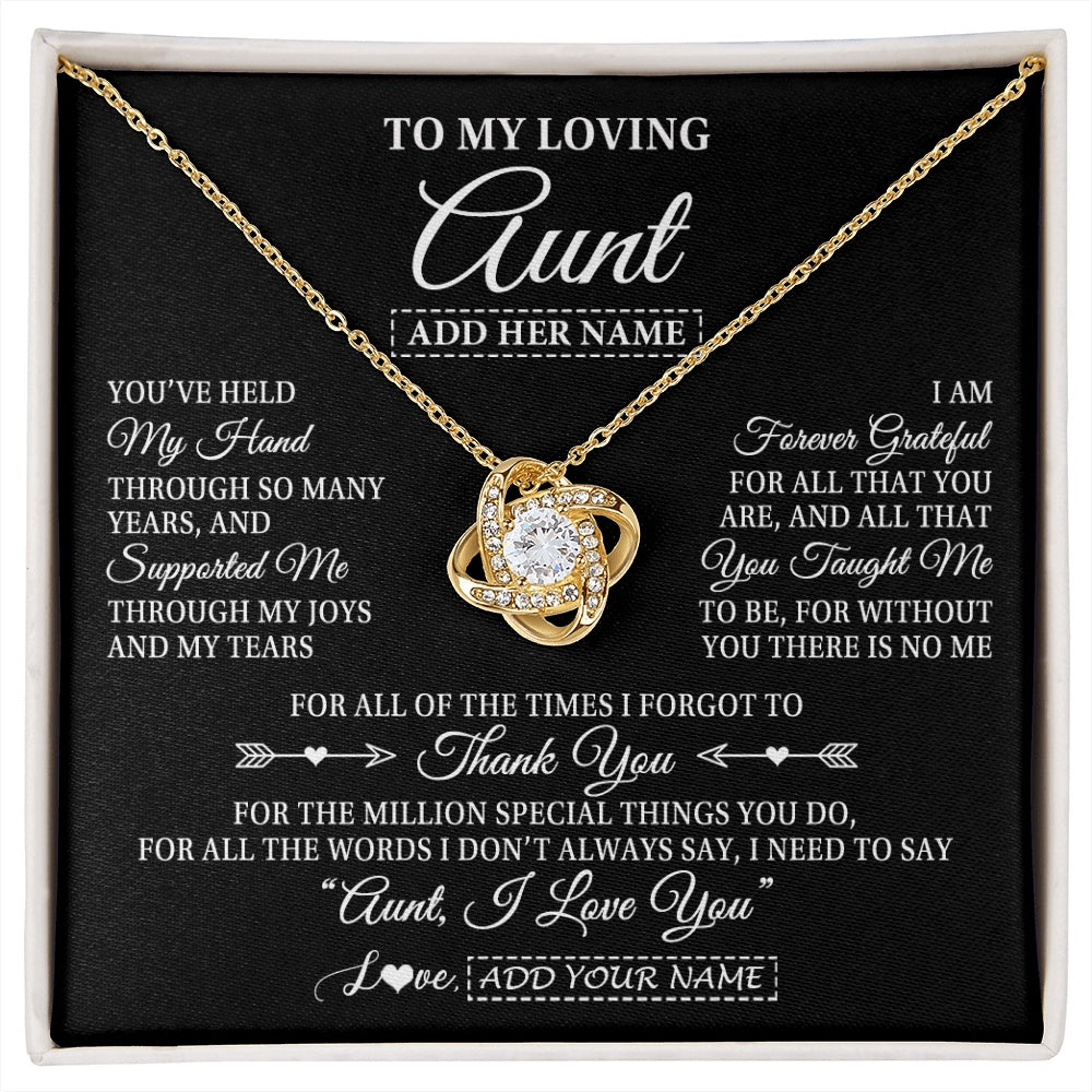 Love Knot Necklace 18K Yellow Gold Finish | 1 | Personalized To My Loving Aunt Necklace From Niece You've Help My Hand Aunt Gift From Nephew Aunt Birthday Gifts Mothers Day Custom Gift Box Message Card | https://siriusteestore.