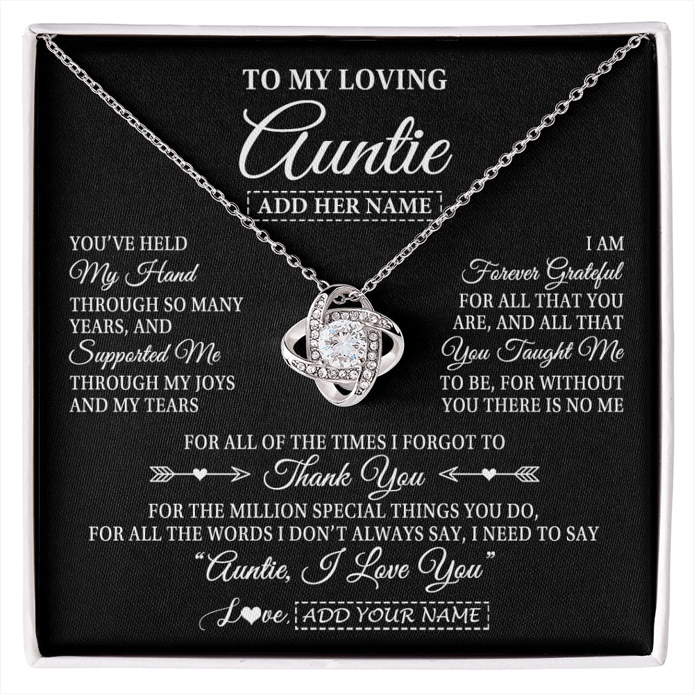 Love Knot Necklace 14K White Gold Finish | 1 | Personalized To My Loving Auntie Necklace From Niece You've Help My Hand Auntie Gift From Nephew Auntie Birthday Gifts Mothers Day Custom Gift Box Message Card | https://siriusteestore.