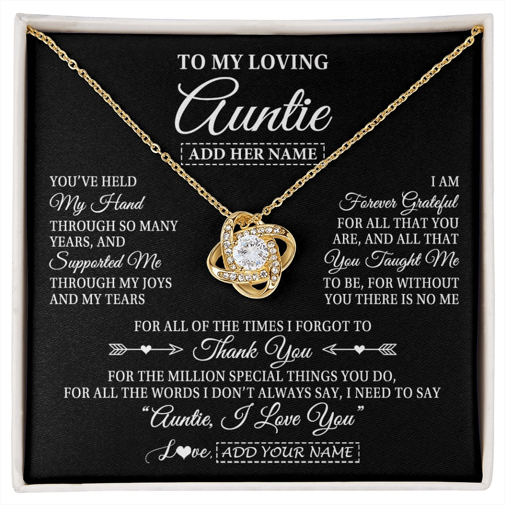 Love Knot Necklace 18K Yellow Gold Finish | 1 | Personalized To My Loving Auntie Necklace From Niece You've Help My Hand Auntie Gift From Nephew Auntie Birthday Gifts Mothers Day Custom Gift Box Message Card | https://siriusteestore.