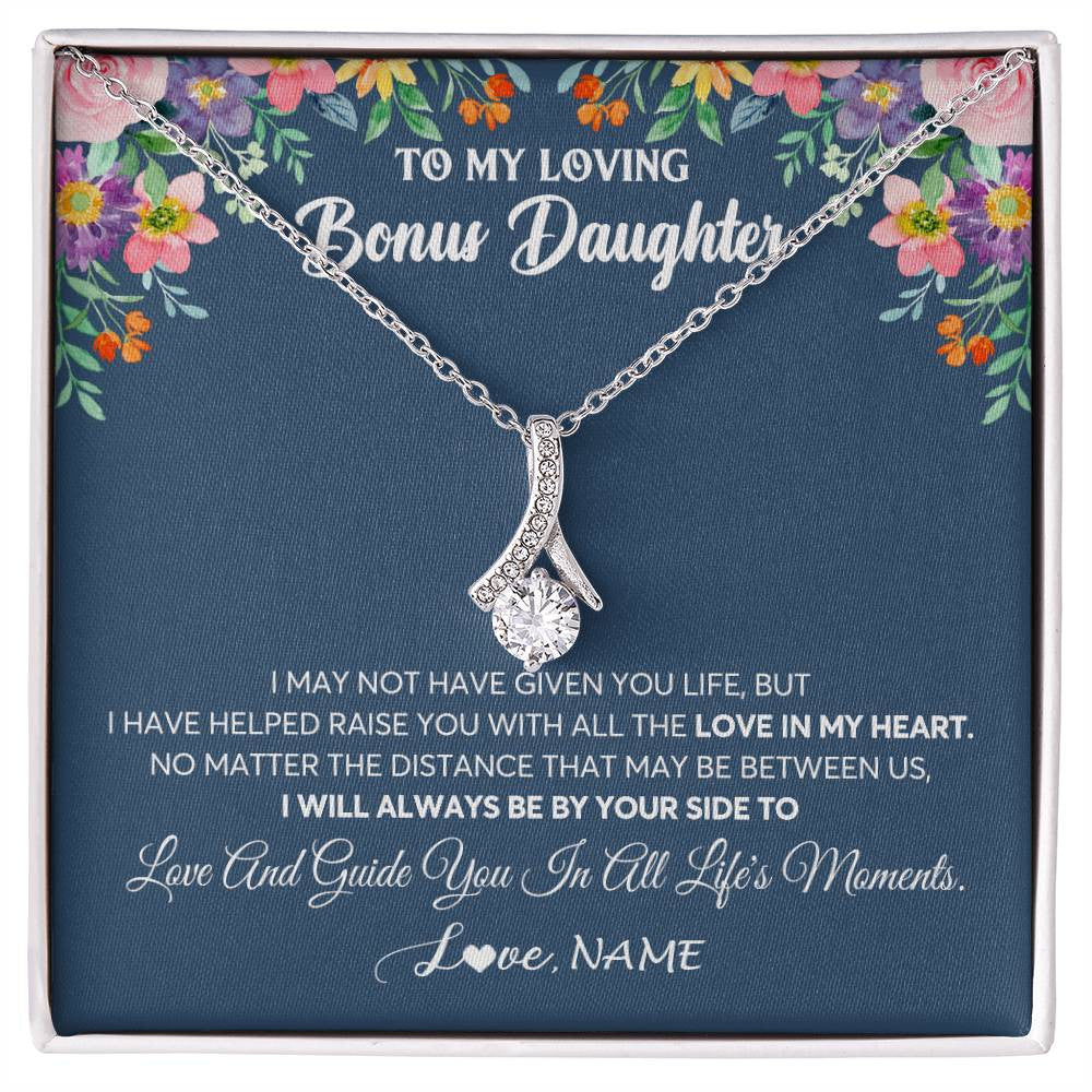 Alluring Beauty Necklace 14K White Gold Finish | 1 | Personalized To My Loving Bonus Daughter Necklace From Stepmom No Matter The Distance Stepdaughter Birthday Christmas Jewelry Customized Gift Box Message Card | siriusteestore