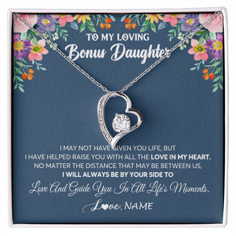Forever Love Necklace 14K White Gold Finish | 1 | Personalized To My Loving Bonus Daughter Necklace From Stepmom No Matter The Distance Stepdaughter Birthday Christmas Jewelry Customized Gift Box Message Card | siriusteestore