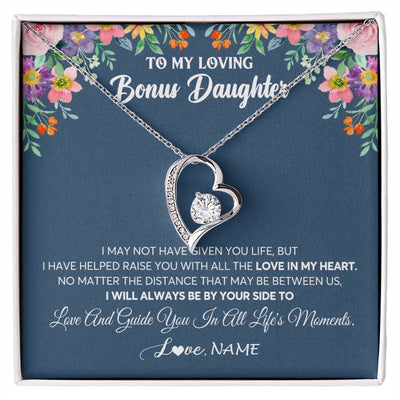 Forever Love Necklace 14K White Gold Finish | 1 | Personalized To My Loving Bonus Daughter Necklace From Stepmom No Matter The Distance Stepdaughter Birthday Christmas Jewelry Customized Gift Box Message Card | siriusteestore