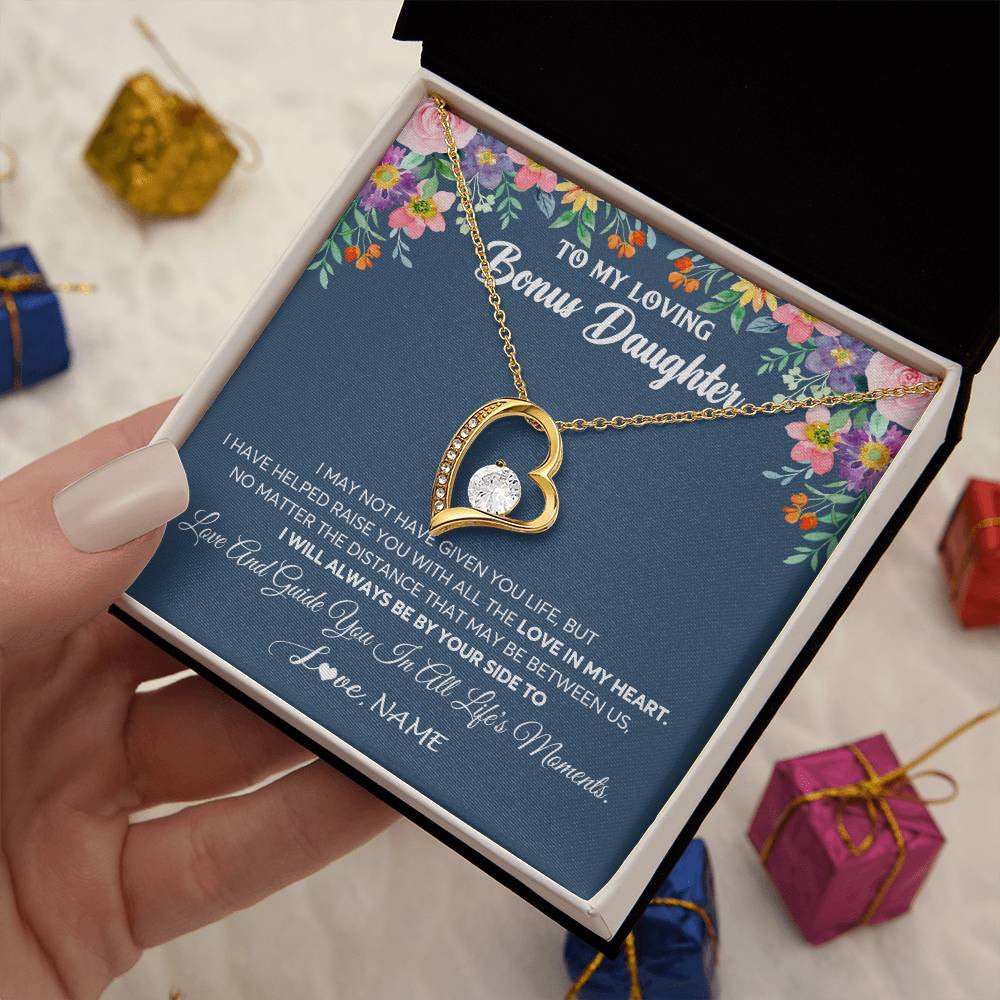 Forever Love Necklace 18K Yellow Gold Finish | 2 | Personalized To My Loving Bonus Daughter Necklace From Stepmom No Matter The Distance Stepdaughter Birthday Christmas Jewelry Customized Gift Box Message Card | siriusteestore