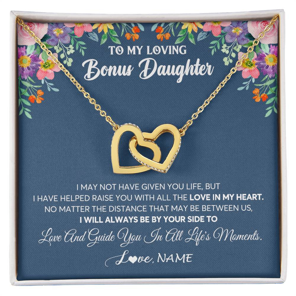 Interlocking Hearts Necklace 18K Yellow Gold Finish | 1 | Personalized To My Loving Bonus Daughter Necklace From Stepmom No Matter The Distance Stepdaughter Birthday Christmas Jewelry Customized Gift Box Message Card | siriusteestore