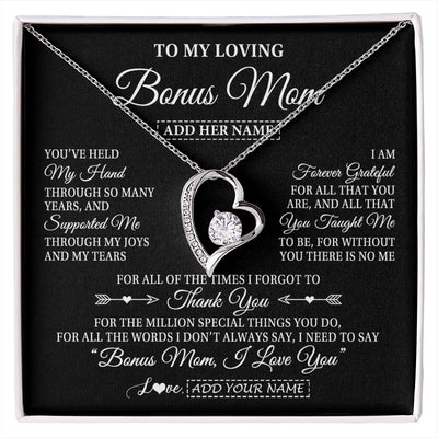 Forever Love Necklace 14K White Gold Finish | 1 | Personalized To My Loving Bonus Mom Necklace From Stepdaughter You've Help My Hand Stepmom Gift Step Mom Birthday Gifts Mothers Day Gift Box Message Card | https://siriusteestore.
