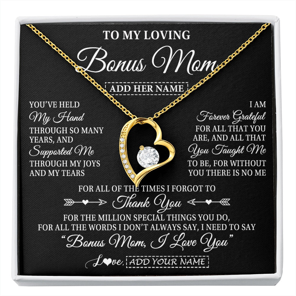 Forever Love Necklace 18K Yellow Gold Finish | 1 | Personalized To My Loving Bonus Mom Necklace From Stepdaughter You've Help My Hand Stepmom Gift Step Mom Birthday Gifts Mothers Day Gift Box Message Card | https://siriusteestore.
