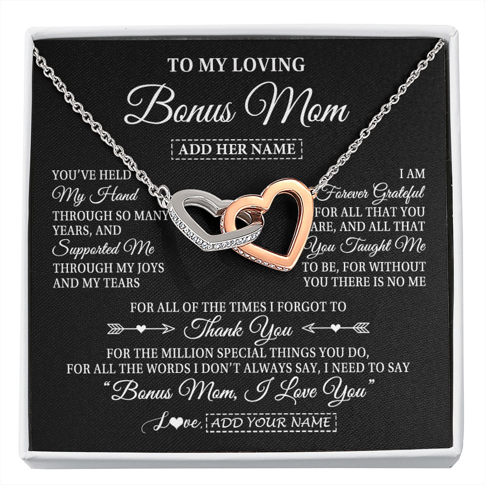 Interlocking Hearts Necklace Stainless Steel & Rose Gold Finish | 1 | Personalized To My Loving Bonus Mom Necklace From Stepdaughter You've Help My Hand Stepmom Gift Step Mom Birthday Gifts Mothers Day Gift Box Message Card | https://siriusteestore.