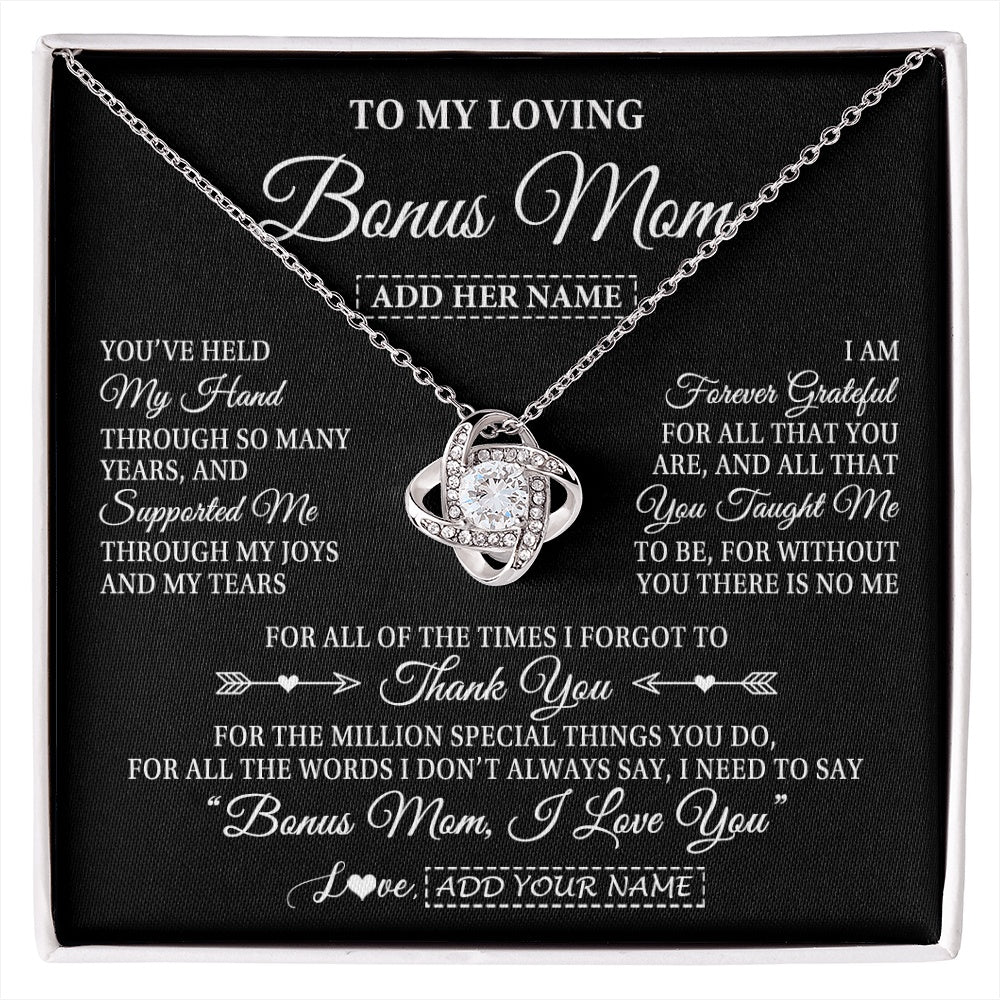Love Knot Necklace 14K White Gold Finish | 1 | Personalized To My Loving Bonus Mom Necklace From Stepdaughter You've Help My Hand Stepmom Gift Step Mom Birthday Gifts Mothers Day Gift Box Message Card | https://siriusteestore.