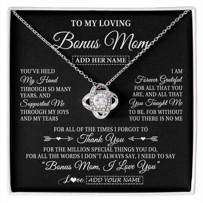 Love Knot Necklace 14K White Gold Finish | 1 | Personalized To My Loving Bonus Mom Necklace From Stepdaughter You've Help My Hand Stepmom Gift Step Mom Birthday Gifts Mothers Day Gift Box Message Card | https://siriusteestore.