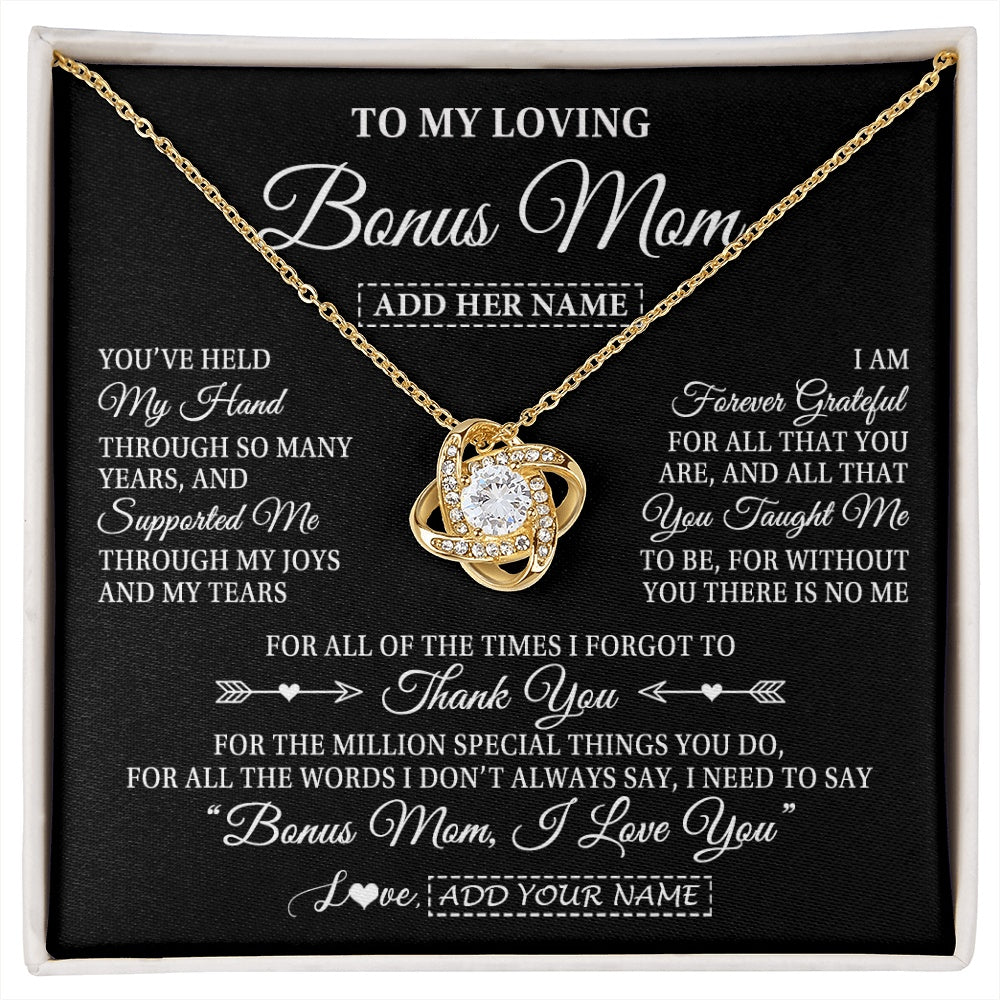 Love Knot Necklace 18K Yellow Gold Finish | 1 | Personalized To My Loving Bonus Mom Necklace From Stepdaughter You've Help My Hand Stepmom Gift Step Mom Birthday Gifts Mothers Day Gift Box Message Card | https://siriusteestore.