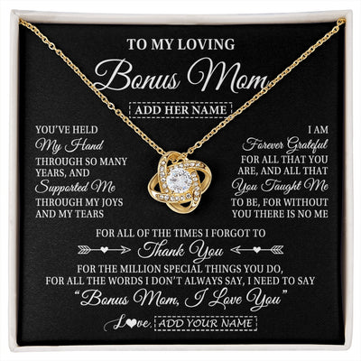 Love Knot Necklace 18K Yellow Gold Finish | 1 | Personalized To My Loving Bonus Mom Necklace From Stepdaughter You've Help My Hand Stepmom Gift Step Mom Birthday Gifts Mothers Day Gift Box Message Card | https://siriusteestore.