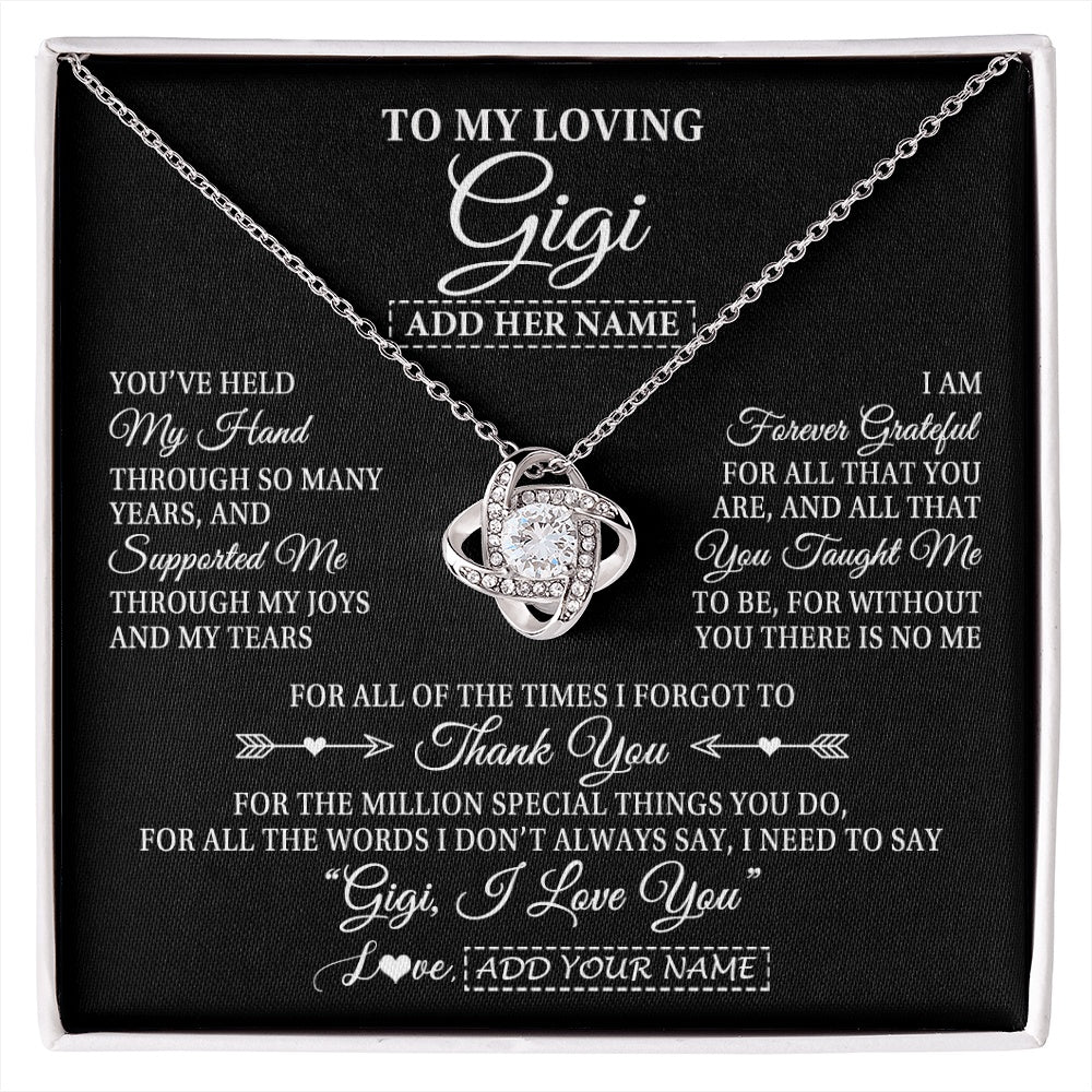 Love Knot Necklace 14K White Gold Finish | 1 | Personalized To My Loving Gigi Necklace From Granddaughter You've Help My Hand Gigi Gift From Grandson Gigi Birthday Gifts Mothers Day Gift Box Message Card | https://siriusteestore.