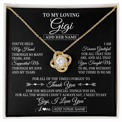 Love Knot Necklace 18K Yellow Gold Finish | 1 | Personalized To My Loving Gigi Necklace From Granddaughter You've Help My Hand Gigi Gift From Grandson Gigi Birthday Gifts Mothers Day Gift Box Message Card | https://siriusteestore.