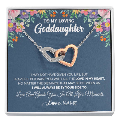 Interlocking Hearts Necklace Stainless Steel & Rose Gold Finish | 1 | Personalized To My Loving Goddaughter Necklace From Godmother No Matter The Distance Goddaughter Birthday Christmas Jewelry Customized Gift Box Message Card | siriusteestore