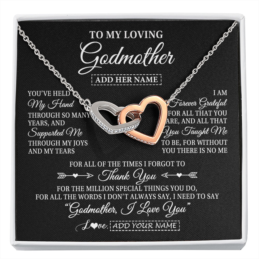 Interlocking Hearts Necklace Stainless Steel & Rose Gold Finish | 1 | Personalized To My Loving Godmother Necklace From Niece You've Help My Hand Aunt Gift From Godchild Godmother Birthday Gifts Mothers Day Gift Box Message Card | https://siriusteestore.
