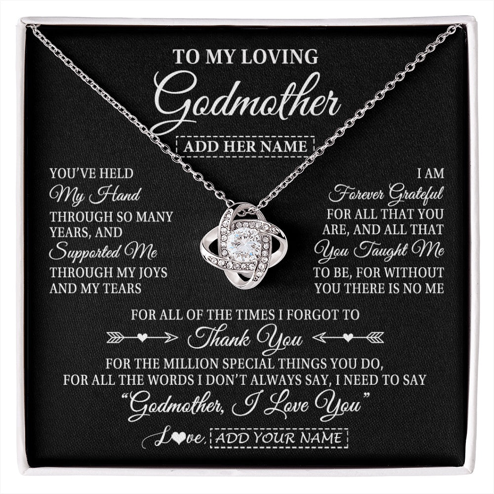 Love Knot Necklace 14K White Gold Finish | 1 | Personalized To My Loving Godmother Necklace From Niece You've Help My Hand Aunt Gift From Godchild Godmother Birthday Gifts Mothers Day Gift Box Message Card | https://siriusteestore.