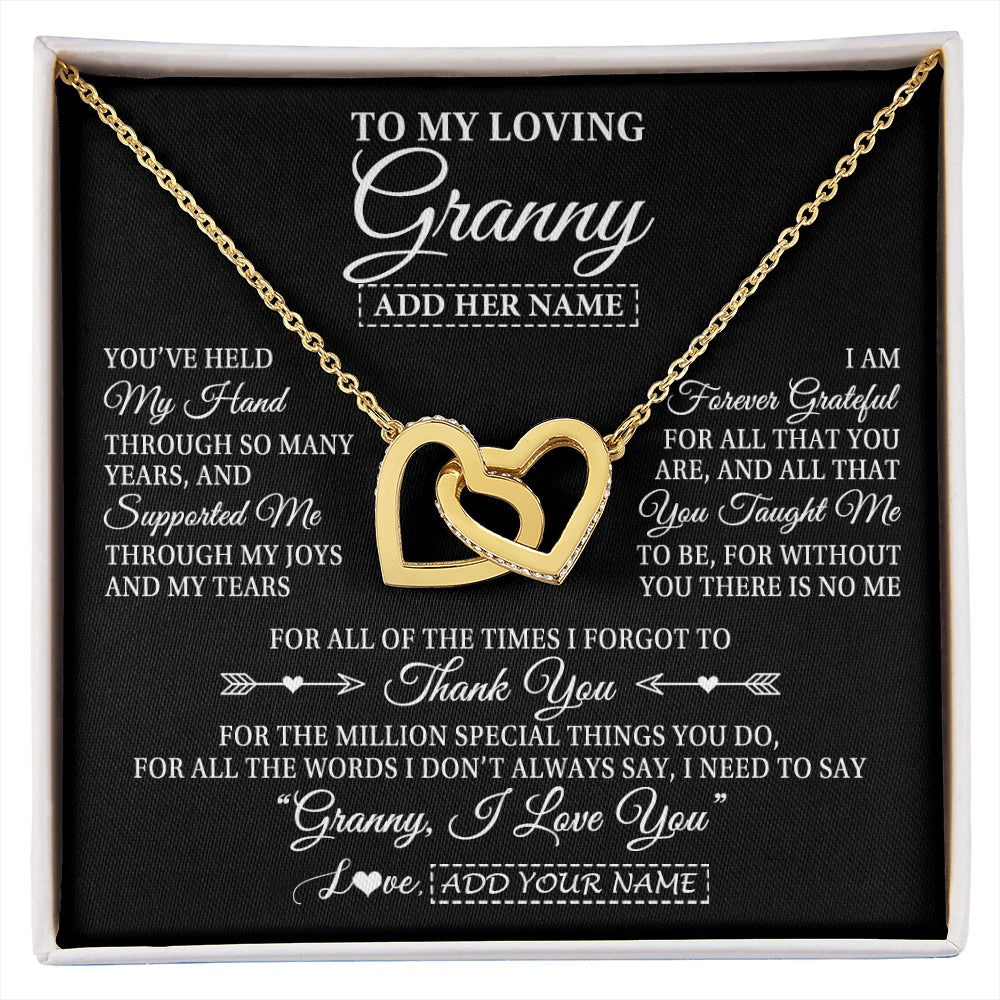 Interlocking Hearts Necklace 18K Yellow Gold Finish | 1 | Personalized To My Loving Granny Necklace From Granddaughter You've Help My Hand Granny Gift From Grandson Granny Birthday Mothers Day Gift Box Message Card | https://siriusteestore.