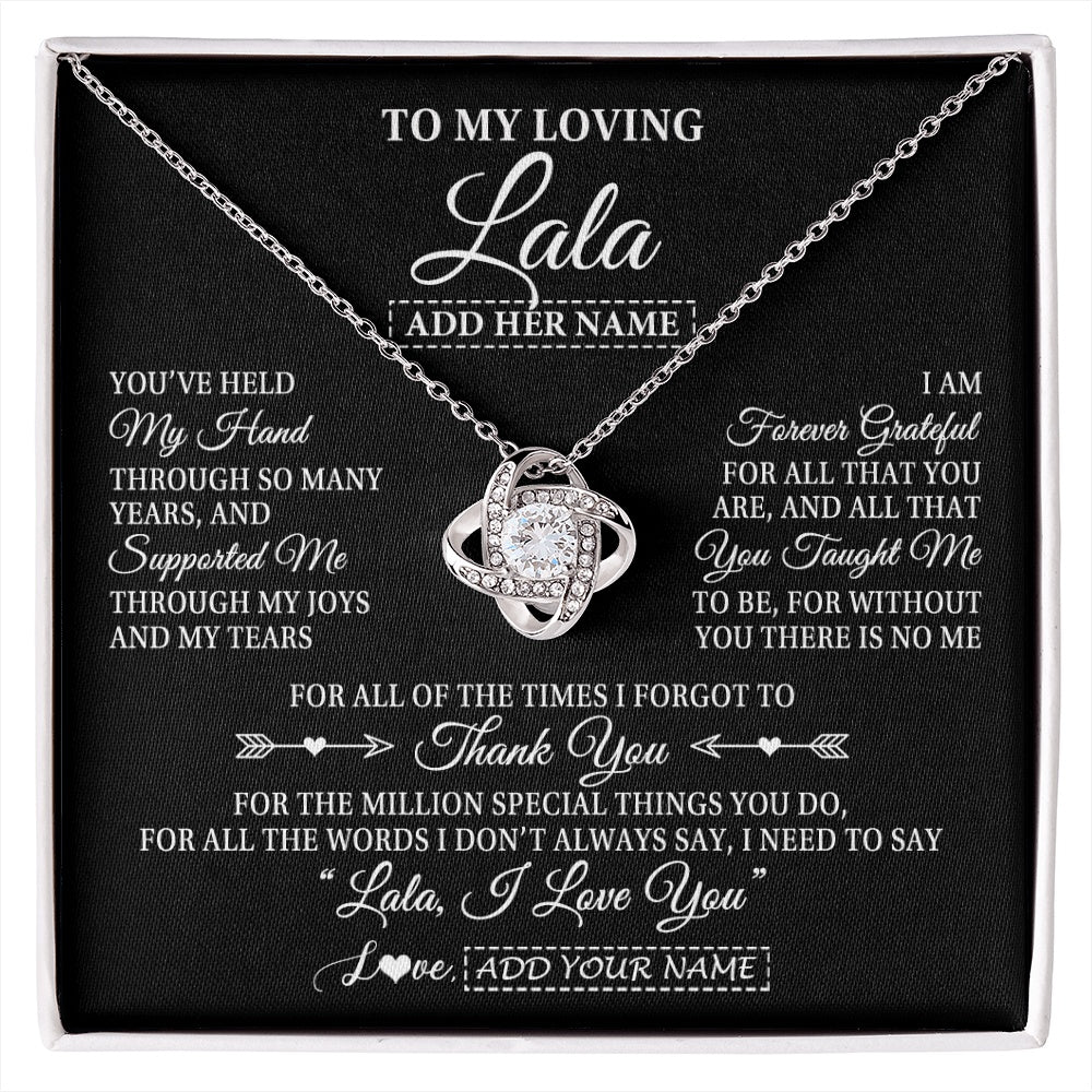 Love Knot Necklace 14K White Gold Finish | 1 | Personalized To My Loving Lala Necklace From Granddaughter You've Help My Hand Lala Gift From Grandson Lala Birthday Mothers Day Custom Gift Box Message Card | https://siriusteestore.