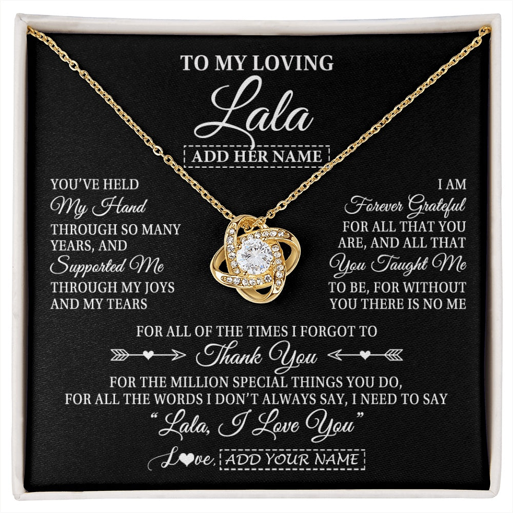 Love Knot Necklace 18K Yellow Gold Finish | 1 | Personalized To My Loving Lala Necklace From Granddaughter You've Help My Hand Lala Gift From Grandson Lala Birthday Mothers Day Custom Gift Box Message Card | https://siriusteestore.
