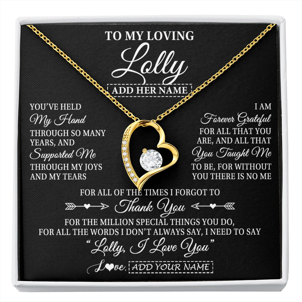 Forever Love Necklace 18K Yellow Gold Finish | 1 | Personalized To My Loving Lolly Necklace From Granddaughter You've Help My Hand Lolly Gift From Grandson Lolly Birthday Mothers Day Gift Box Message Card | https://siriusteestore.