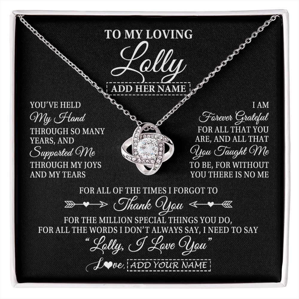 Love Knot Necklace 14K White Gold Finish | 1 | Personalized To My Loving Lolly Necklace From Granddaughter You've Help My Hand Lolly Gift From Grandson Lolly Birthday Mothers Day Gift Box Message Card | https://siriusteestore.