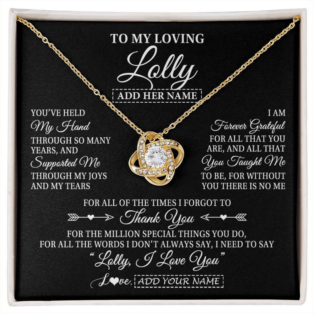 Love Knot Necklace 18K Yellow Gold Finish | 1 | Personalized To My Loving Lolly Necklace From Granddaughter You've Help My Hand Lolly Gift From Grandson Lolly Birthday Mothers Day Gift Box Message Card | https://siriusteestore.