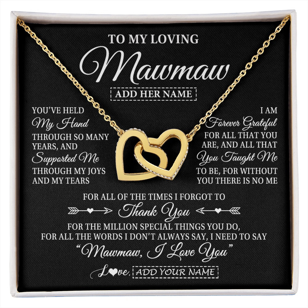 Interlocking Hearts Necklace 18K Yellow Gold Finish | 1 | Personalized To My Loving Mawmaw Necklace From Granddaughter You've Help My Hand Mawmaw Gift From Grandson Mawmaw Birthday Mothers Day Gift Box Message Card | https://siriusteestore.