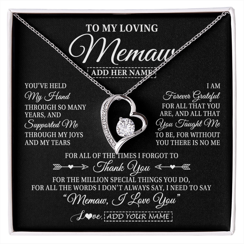 Forever Love Necklace 14K White Gold Finish | 1 | Personalized To My Loving Memaw Necklace From Granddaughter You've Help My Hand Memaw Gift From Grandson Memaw Birthday Mothers Day Gift Box Message Card | https://siriusteestore.